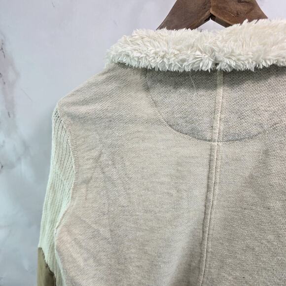 Saturday Sunday Sweater Women Large Cardigan Elbow Pads Brown Sherpa Suede White - Picture 5 of 11